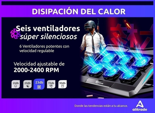 Imagen 3 de 10 de Base Soporte Cooler Notebook 14 A 17p Luz 6 Alturas 6 Fans