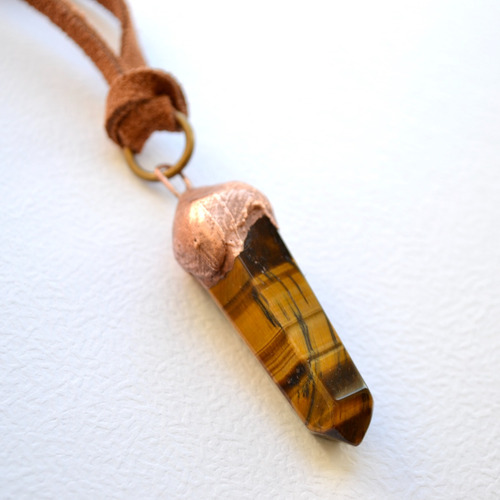 Imagen 2 de 5 de Collar Pendulo De Piedra Natural Ojo De Tigre, Cuero , Cod1