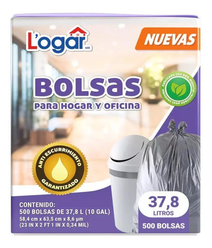 500 Bolsas Para Basura 37.8 L Biodegradables Hogar U Oficina