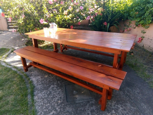 Mesa Y 2 Bancos Rústicos Para Exterior, Barbacoa.