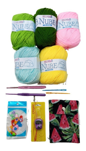 Kit Crochet Básico: 2 Agujas, 5 Lanas, Cuentafilas, Ganchos 