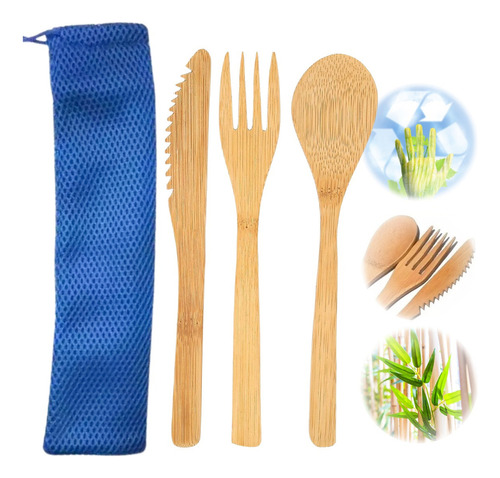4 Juego De 3 Cubiertos Ecológicos Bambú Biodegradable Bolsit Color Azul