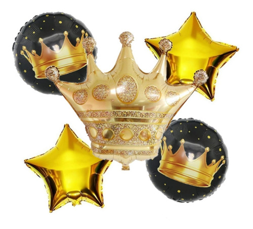 Set Globos Metalizados Corona  + Estrellas + Esfericos X 5pz