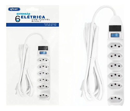 Knup Extensão Filtro De Linha Régua 6 Tomadas Bivolt Branca