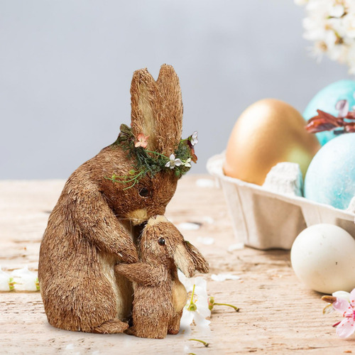 Encantadora Paja Conejo De Pascua Estatuilla Arte 24x15x33cm