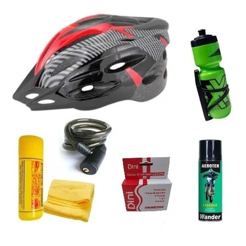 Combo Bici Casco Caramañola Linga Lubricante Paño Parches