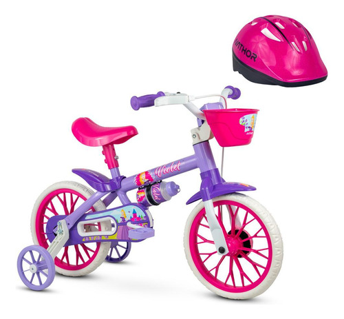 Bicicleta Infantil Aro 12 Violet E Capacete Rosa - Nathor