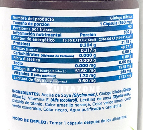 Imagen 2 de 4 de Ginkgo Biloba 90 Cápsulas Vidanat