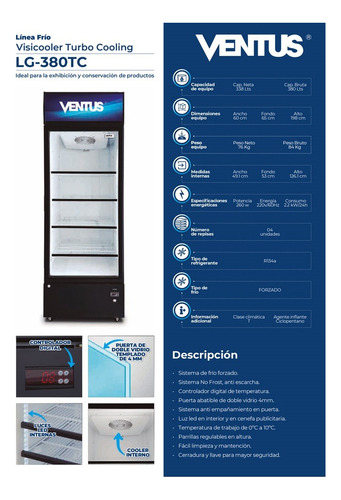 Visicooler Turbo Cooling 1 Puerta Vidrio 380lts Ventus
