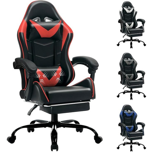 Silla De Juegos Ergonómica Con Reposapiés Y Reclinable Rojo Cuero Sintético