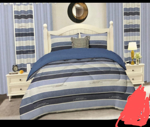 Cobertor Goldsun Premium Queen 7 Piezas Azul Acero Rayas
