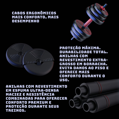 Kit Halteres Ajustáveis 40kg Barra Kettlebell Base Flexões