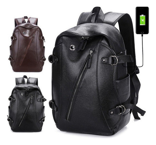 Mochila Con Carga Usb Para Hombre Morral De Viaje De Cuero