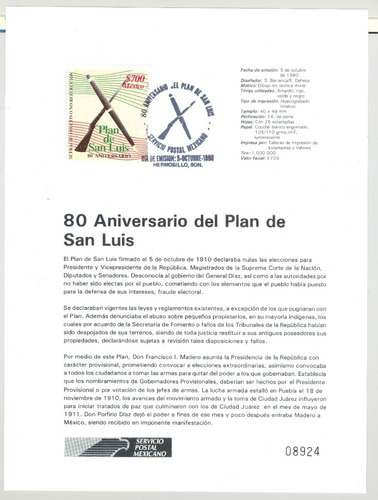 México Hoja Primer Día Plan De San Luis 1990
