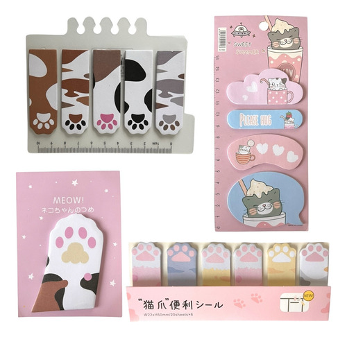 Set Notitas Posit Patita De Gato Kawaii Escolar Banderitas