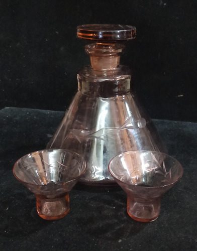 Antigua Licorera Con 2 Copas De Vidrio Rosaart Deco (Usado)