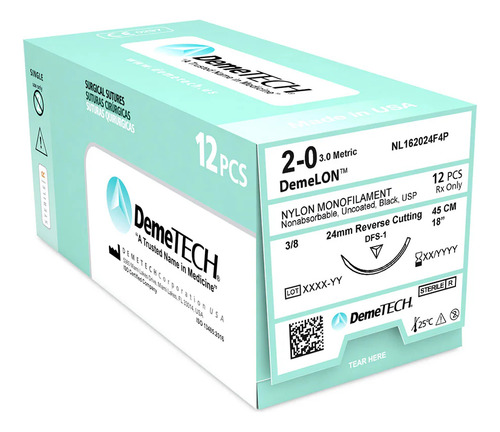 Sutura No Absorbible Nylon 2-0 Con Aguja Caja Con 12 Sobres