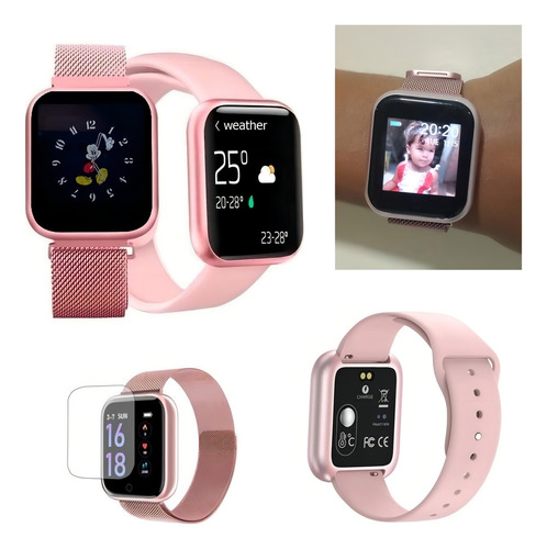 Reloj inteligente T80, 2 pulseras, película y caja, color de pulsera rosa, bisel, color rosa