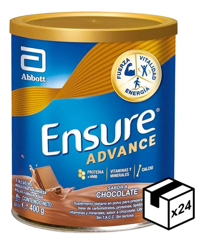 Pack 24 Ensure Advance Polvo 400g Vitaminas Y Minerales Sabor Chocolate
