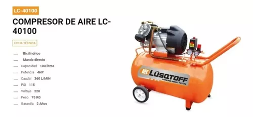 Compresor Aire 100 Litros 4 Hp + Kit 5 Pz Motor Bicilindrico