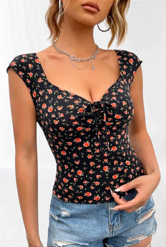 Polera Top Crop Diseños De Flores Con Nudo, Talla M, Shein