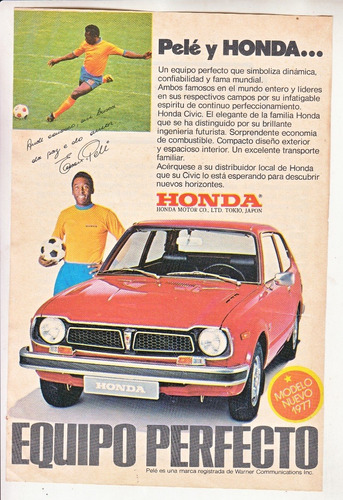 1977 Futbol Brasil Rey Pele Publicidad Automovil Honda Raro