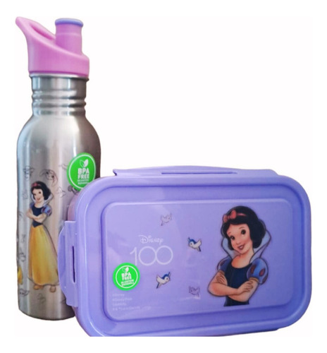 Set De Desayuno Princesas Hermético + Botella Metálica Niñas