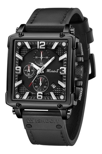 Reloj pulsera WISHDOIT WSD170:BA, analógico, para hombre, fondo plata, con correa de cuero color negro, bisel color negro y desplegable