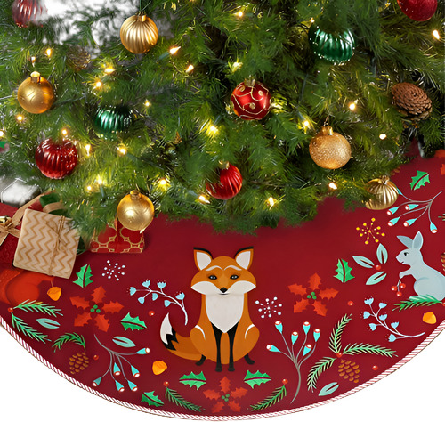 Falda De Arbol Navidad Animales Del Bosque Roja Rustica Multicolor