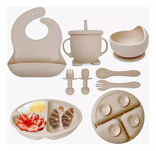 Plato llano Platos de silicona para bebés, niños pequeños, plato de  autoalimentación para bebés con cuchara y tenedor de silicona, sin BPA,  diseño