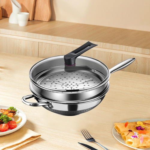 Juego De Sartén Wok De Acero Inoxidable Con Inserto De 34cm