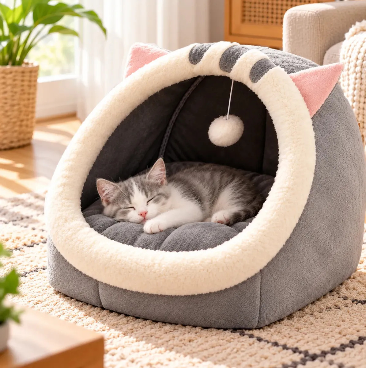 Cama Cueva para Gatos Plegable y Suave con Cojín para Interiores, Gris