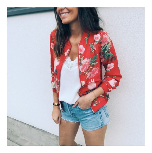 Chamarra Bomber De Manga Larga Con Estampado Floral/de Color