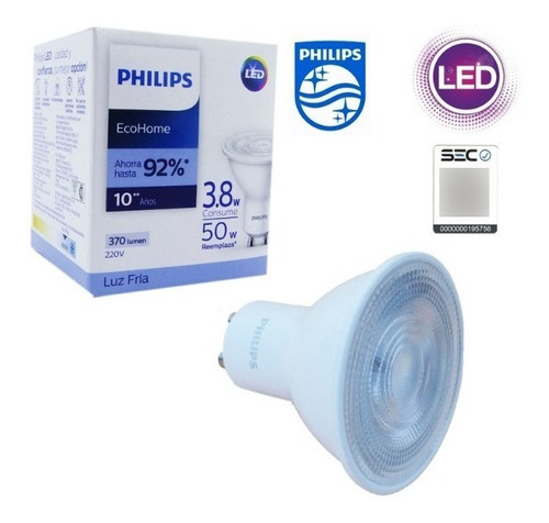 Ampolleta Led Philips Gu10 Luz Fria De 3.8w=50w. Color de la luz Blanca Fria
