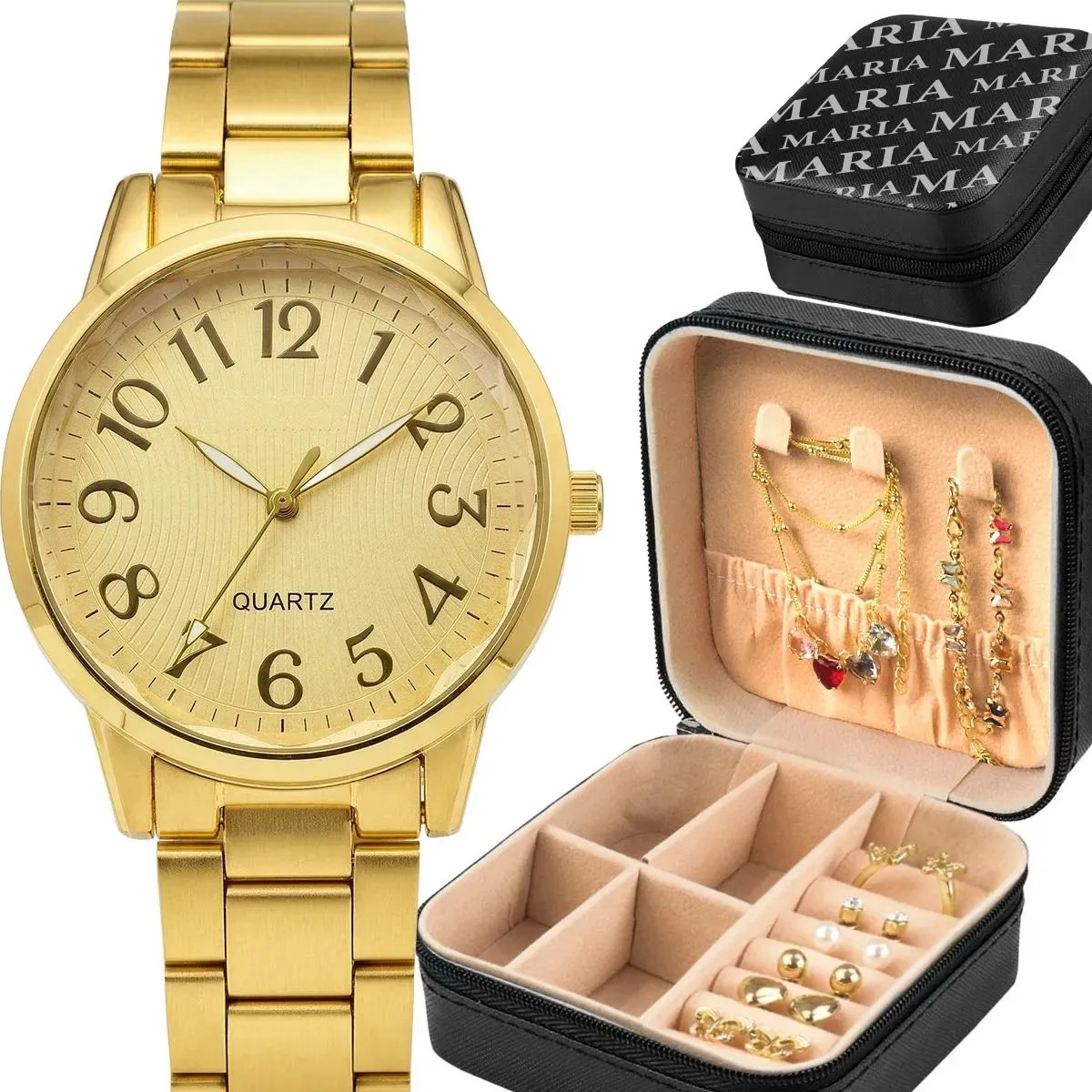 Relogio Feminino Banhado Aço + Porta Joia + Colar Pulseira Dourado