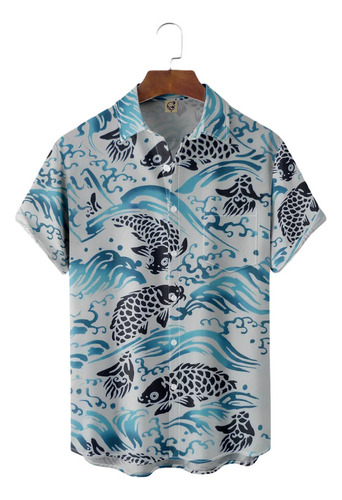 Camisa Hawaiana Unisex Japonesa Azul Koi, Camisa De Playa Pa