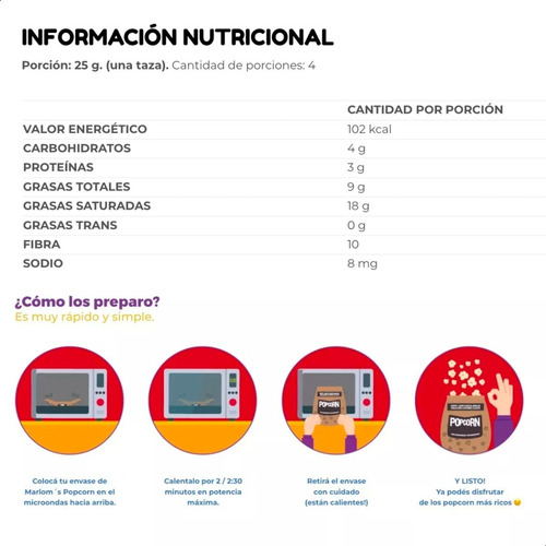 Imagen 5 de 9 de Pochoclos Marloms Manteca Salado Para Microondas Sin Tacc