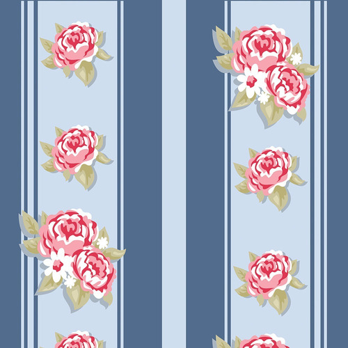 Papel De Parede Floral Rosa Sobre Listras Azul Céu Lavável 3