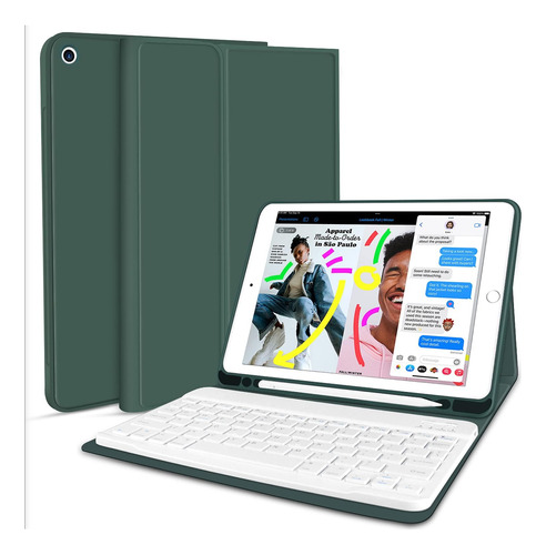 Funda Verde Con Soporte De Teclado Blanco Para iPad 7/8/9 10
