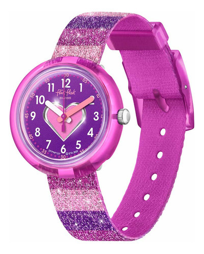 Reloj Flik Flak Stripy Glitter Para Niñas Plástico Violeta Color de la malla Fucsia Color del bisel Fucsia