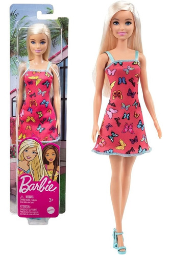 Barbie Rubia Básica Vestido Rosa C/ Mariposas T7439