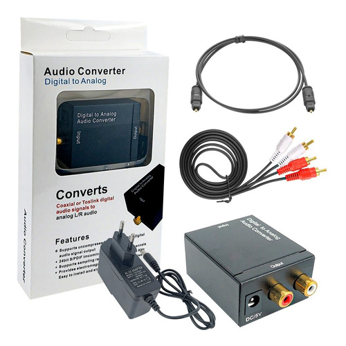 Kit Conversor Áudio Digital P/ Analógico C/ Cabos Rca Óptico