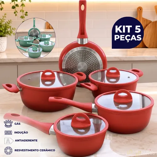 Conjunto ​5 Panelas Indução ‌E Gás Antiaderente Cerâmica Miami Laranja