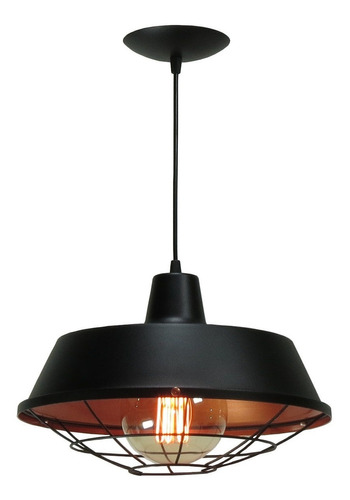 Luminária Pendente Industrial Retro 38cm Grade Preta E Cobre 110V/220V (Bivolt)