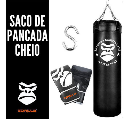 Gorila Bater Box Boxe com enchimento MMA preto 120cm com luva