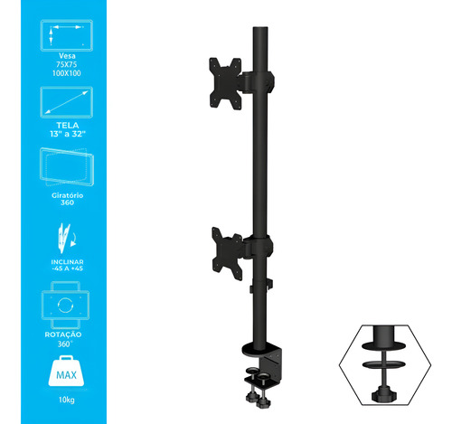 Suporte Vertical Duplo Monitor Ajustável Morsa Vesa Gira 360