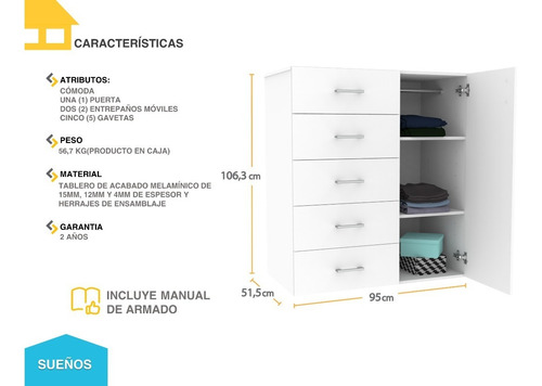 Imagen 4 de 7 de Cómoda 5 Gavetas 1 Puerta Casa Lista® Sueños