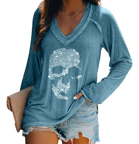 Playera De Manga Larga Con Estampado De Calavera Y Cuello