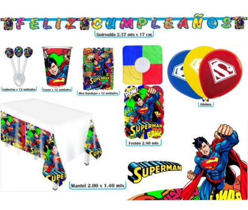 Kit Infantil Decoración Fiesta - Superman X12 Invitados