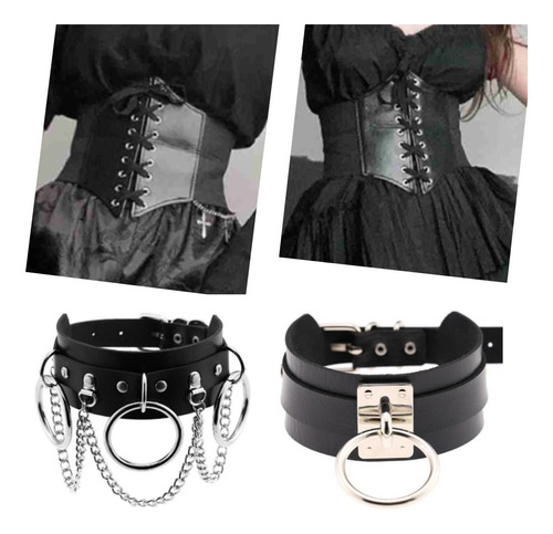 Pack Collar Cadena Argolla + Corsé Estilo Punk Gótico Emo